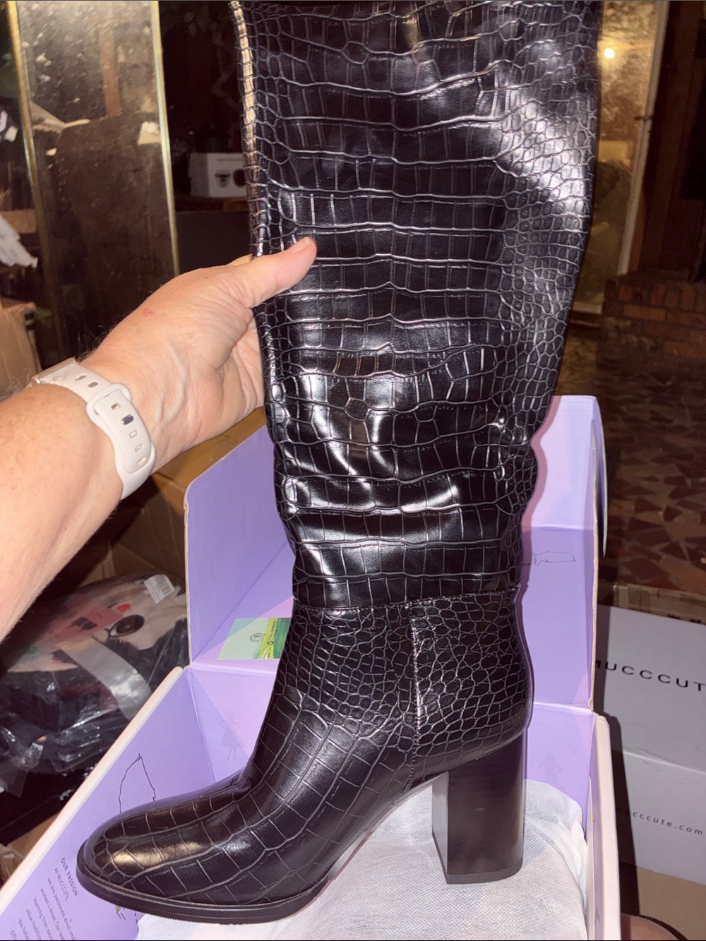 Elegant Black Croc-Embossed Heeled Boots